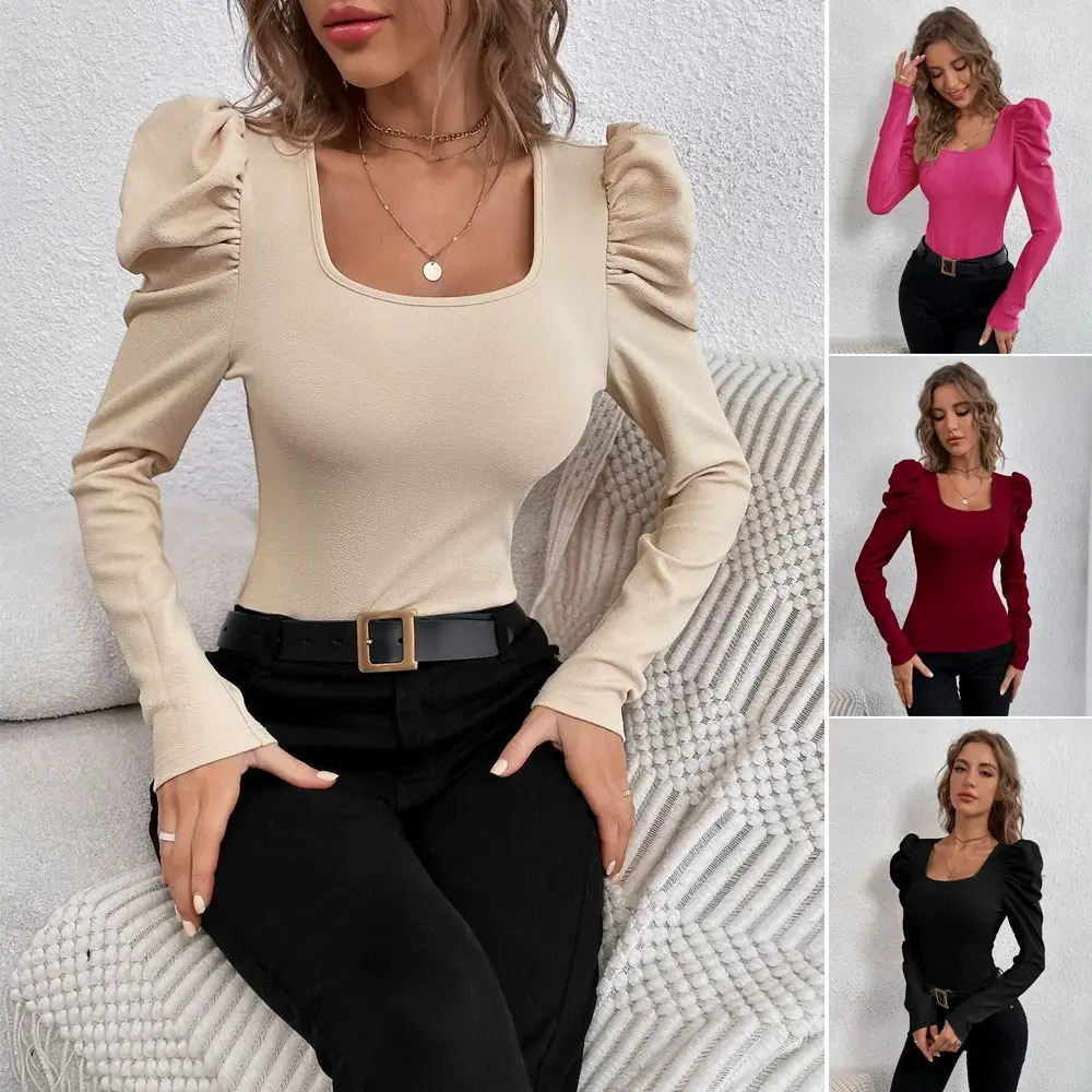 ZARA Fashionable Square Neck Slim Fit Knit Work Top with Leg of Mutton Sleeve